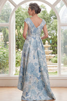 Laden Sie das Bild in den Galerie-Viewer, A-Linie blaues V-Hals-Jacquard-Jacquard-High-of-the-Bride-Kleid mit Mützenärmeln