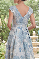 Laden Sie das Bild in den Galerie-Viewer, A-Linie blaues V-Hals-Jacquard-Jacquard-High-of-the-Bride-Kleid mit Mützenärmeln