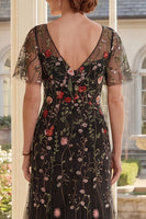 Laden Sie das Bild in den Galerie-Viewer, A-Linie schwarzes V-Hals-Tüll-Langkleid der Mutter der Braut mit flatterigen Ärmeln
