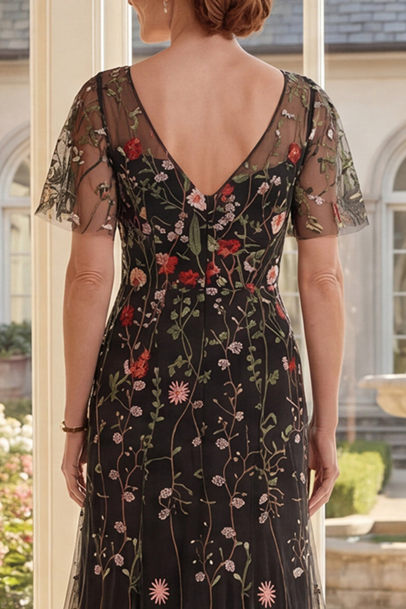Laden Sie das Bild in den Galerie-Viewer, A-Linie schwarzes V-Hals-Tüll-Langkleid der Mutter der Braut mit flatterigen Ärmeln