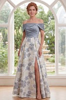 Laden Sie das Bild in den Galerie-Viewer, Schulterloses, staubiges blaues A-Linien-Jacquard Long Mother of the Bride Kleid mit Schlitz