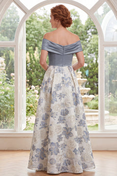 Schulterloses, staubiges blaues A-Linien-Jacquard Long Mother of the Bride Kleid mit Schlitz