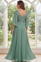 Laden Sie das Bild in den Galerie-Viewer, Salbeigrünes A-Linien-Chiffon-V-Ausschnitt mit Blumen Lange Mutter-der-Braut-Kleid