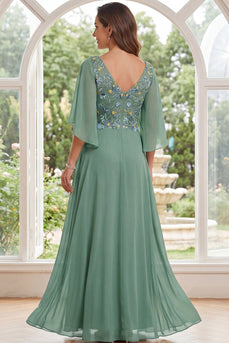 Salbeigrünes A-Linien-Chiffon-V-Ausschnitt mit Blumen Lange Mutter-der-Braut-Kleid