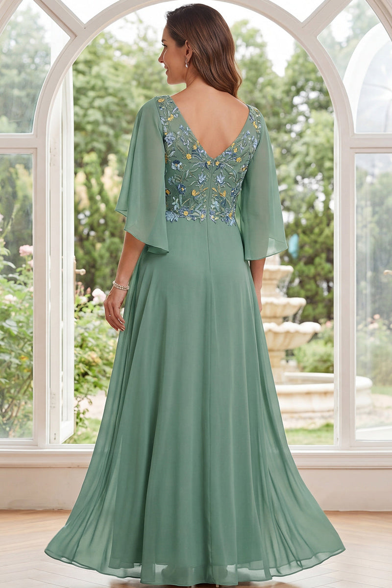 Laden Sie das Bild in den Galerie-Viewer, Salbeigrünes A-Linien-Chiffon-V-Ausschnitt mit Blumen Lange Mutter-der-Braut-Kleid