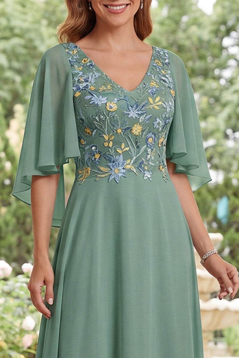 Laden Sie das Bild in den Galerie-Viewer, Salbeigrünes A-Linien-Chiffon-V-Ausschnitt mit Blumen Lange Mutter-der-Braut-Kleid