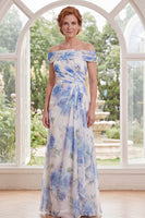 Laden Sie das Bild in den Galerie-Viewer, Chiffon weiß-blaue Blume von der Schulter gerafft, lange Mutter der Braut-Kleid