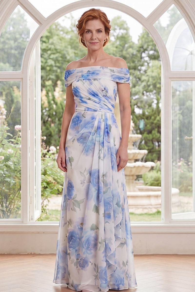 Laden Sie das Bild in den Galerie-Viewer, Chiffon weiß-blaue Blume von der Schulter gerafft, lange Mutter der Braut-Kleid