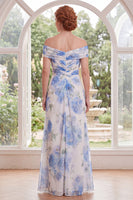 Laden Sie das Bild in den Galerie-Viewer, Chiffon weiß-blaue Blume von der Schulter gerafft, lange Mutter der Braut-Kleid
