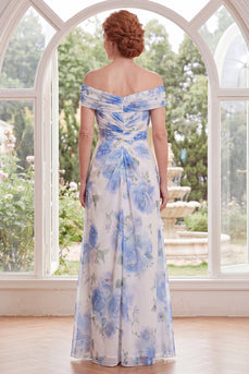 Chiffon weiß-blaue Blume von der Schulter gerafft, lange Mutter der Braut-Kleid