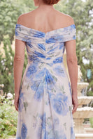 Laden Sie das Bild in den Galerie-Viewer, Chiffon weiß-blaue Blume von der Schulter gerafft, lange Mutter der Braut-Kleid