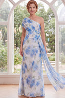 Laden Sie das Bild in den Galerie-Viewer, Chiffon weiß-blaue Blume mit einer Schulter gerafft, langes Mutter-der-Braut-Kleid mit Schärpe