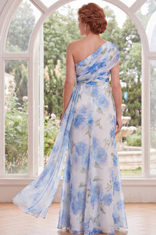 Chiffon weiß-blaue Blume mit einer Schulter gerafft, langes Mutter-der-Braut-Kleid mit Schärpe