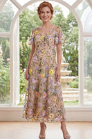 Laden Sie das Bild in den Galerie-Viewer, Champagner-Tüll A-Linie V-Ausschnitt besticktes Midi-Mutter-der-Braut-Kleid