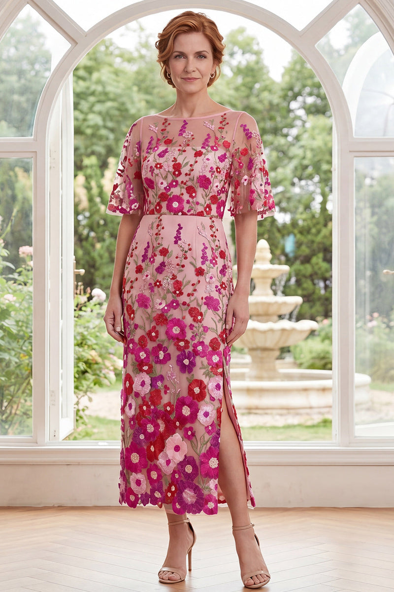 Laden Sie das Bild in den Galerie-Viewer, Fuchsiafarbener Bateau-Ausschnitt mit besticktem Midi-Mutter-der-Braut-Kleid mit Schlitz