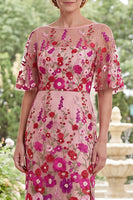 Laden Sie das Bild in den Galerie-Viewer, Fuchsiafarbener Bateau-Ausschnitt mit besticktem Midi-Mutter-der-Braut-Kleid mit Schlitz