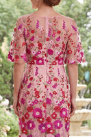 Laden Sie das Bild in den Galerie-Viewer, Fuchsiafarbener Bateau-Ausschnitt mit besticktem Midi-Mutter-der-Braut-Kleid mit Schlitz