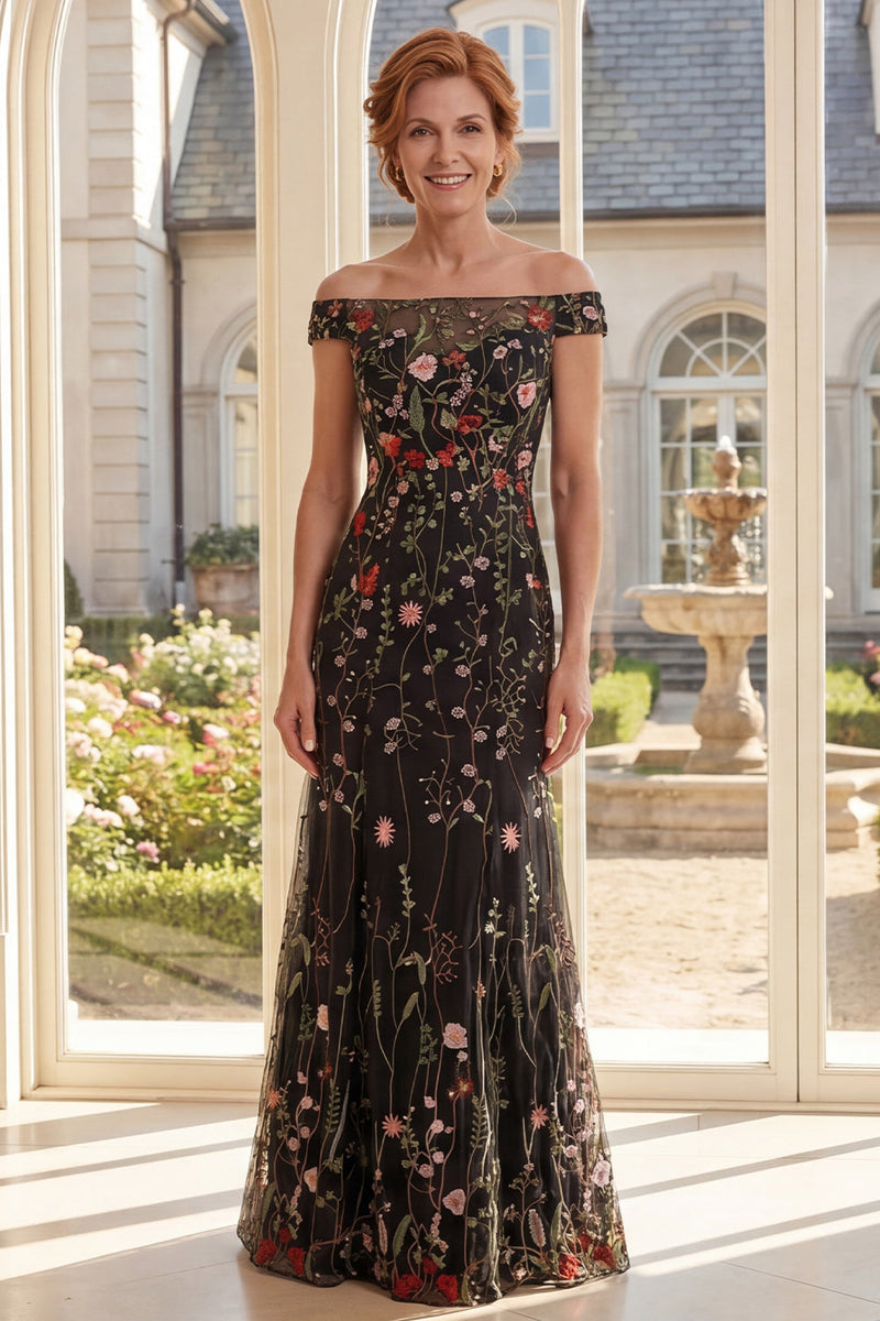Laden Sie das Bild in den Galerie-Viewer, Schulterloses, schwarzes Tüll-Blumen-Stickerei mit langer Mutter-der-der-Braut-Kleid