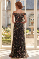 Laden Sie das Bild in den Galerie-Viewer, Schulterloses, schwarzes Tüll-Blumen-Stickerei mit langer Mutter-der-der-Braut-Kleid