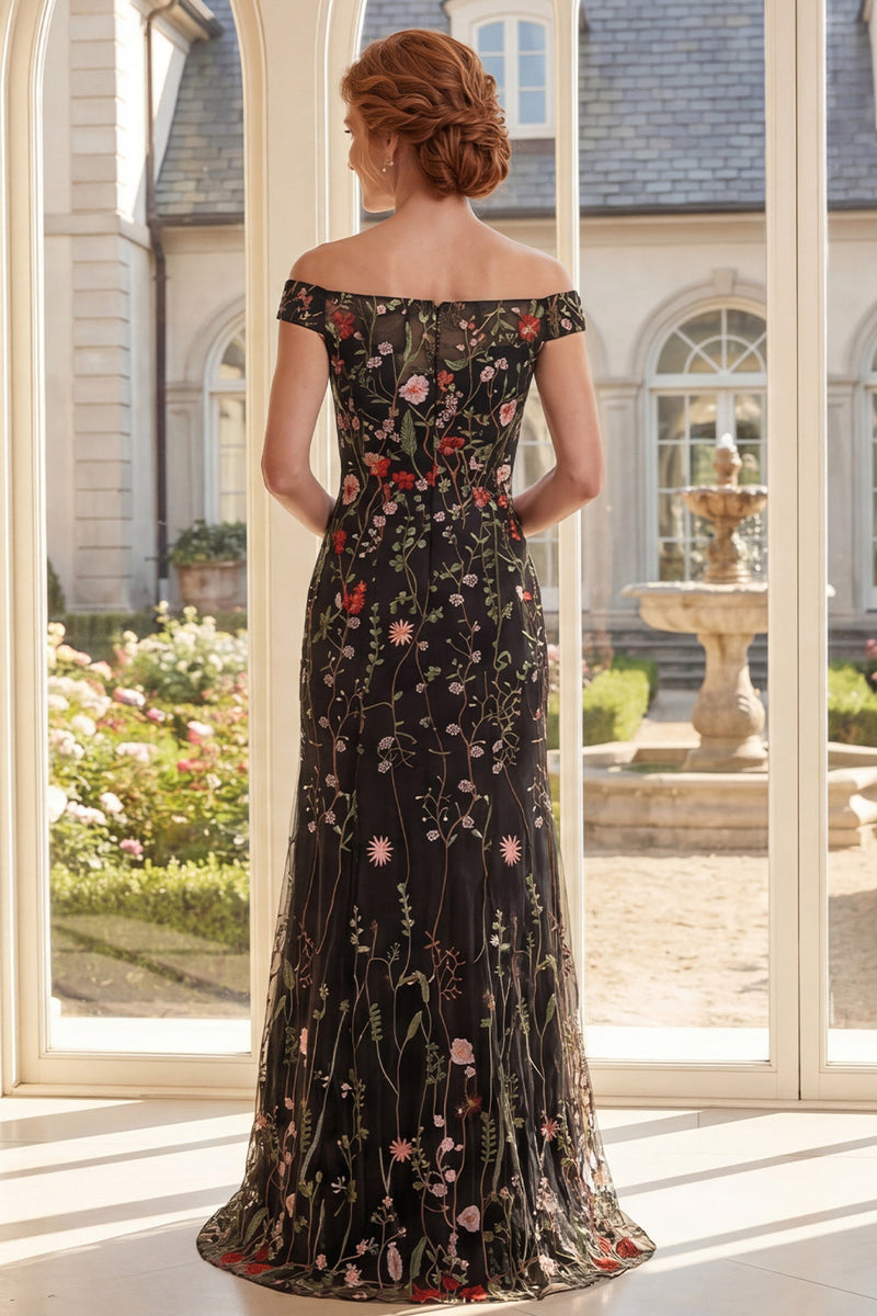 Laden Sie das Bild in den Galerie-Viewer, Schulterloses, schwarzes Tüll-Blumen-Stickerei mit langer Mutter-der-der-Braut-Kleid