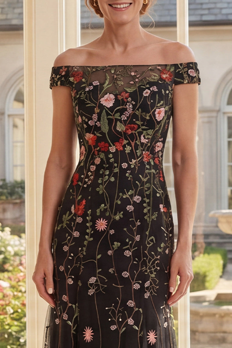 Laden Sie das Bild in den Galerie-Viewer, Schulterloses, schwarzes Tüll-Blumen-Stickerei mit langer Mutter-der-der-Braut-Kleid