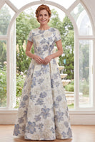 Laden Sie das Bild in den Galerie-Viewer, Staubiges blaues Jacquard-Rundhals-Blümchen, lange Mutter-der-der-Braut-Kleid mit kurzärmeligen
