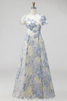 Laden Sie das Bild in den Galerie-Viewer, Staubiges blaues Jacquard Rundhals Blümchen Langes Mutter der Braut Kleid mit Kurzärmeln