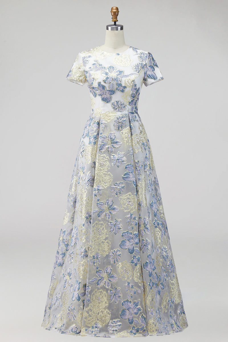 Laden Sie das Bild in den Galerie-Viewer, Staubiges blaues Jacquard Rundhals Blümchen Langes Mutter der Braut Kleid mit Kurzärmeln