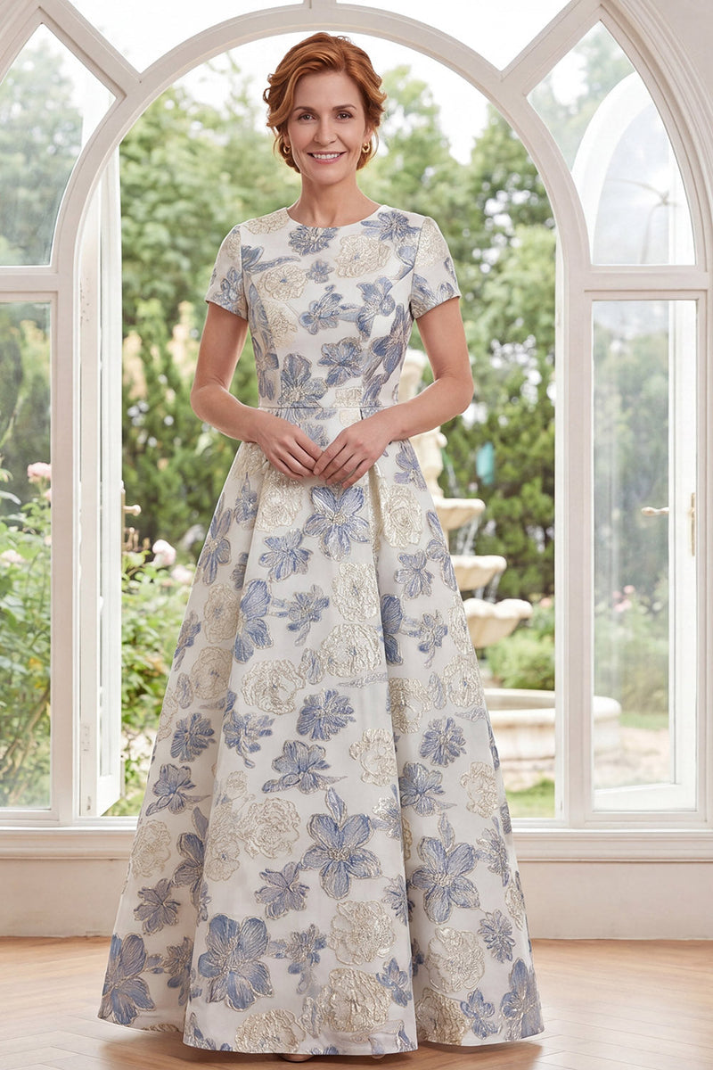 Laden Sie das Bild in den Galerie-Viewer, Staubiges blaues Jacquard-Rundhals-Blümchen, lange Mutter-der-der-Braut-Kleid mit kurzärmeligen