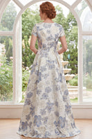 Laden Sie das Bild in den Galerie-Viewer, Staubiges blaues Jacquard-Rundhals-Blümchen, lange Mutter-der-der-Braut-Kleid mit kurzärmeligen