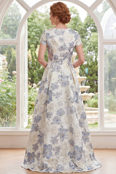Staubiges blaues Jacquard-Rundhals-Blümchen, lange Mutter-der-der-Braut-Kleid mit kurzärmeligen