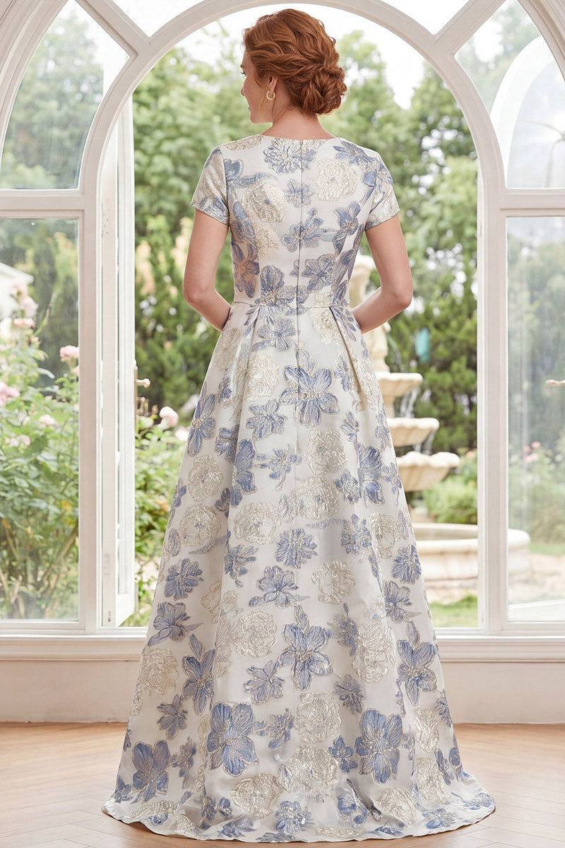 Laden Sie das Bild in den Galerie-Viewer, Staubiges blaues Jacquard-Rundhals-Blümchen, lange Mutter-der-der-Braut-Kleid mit kurzärmeligen