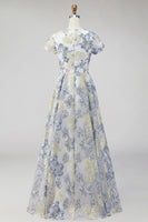 Laden Sie das Bild in den Galerie-Viewer, Staubiges blaues Jacquard Rundhals Blümchen Langes Mutter der Braut Kleid mit Kurzärmeln
