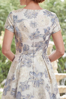 Laden Sie das Bild in den Galerie-Viewer, Staubiges blaues Jacquard-Rundhals-Blümchen, lange Mutter-der-der-Braut-Kleid mit kurzärmeligen