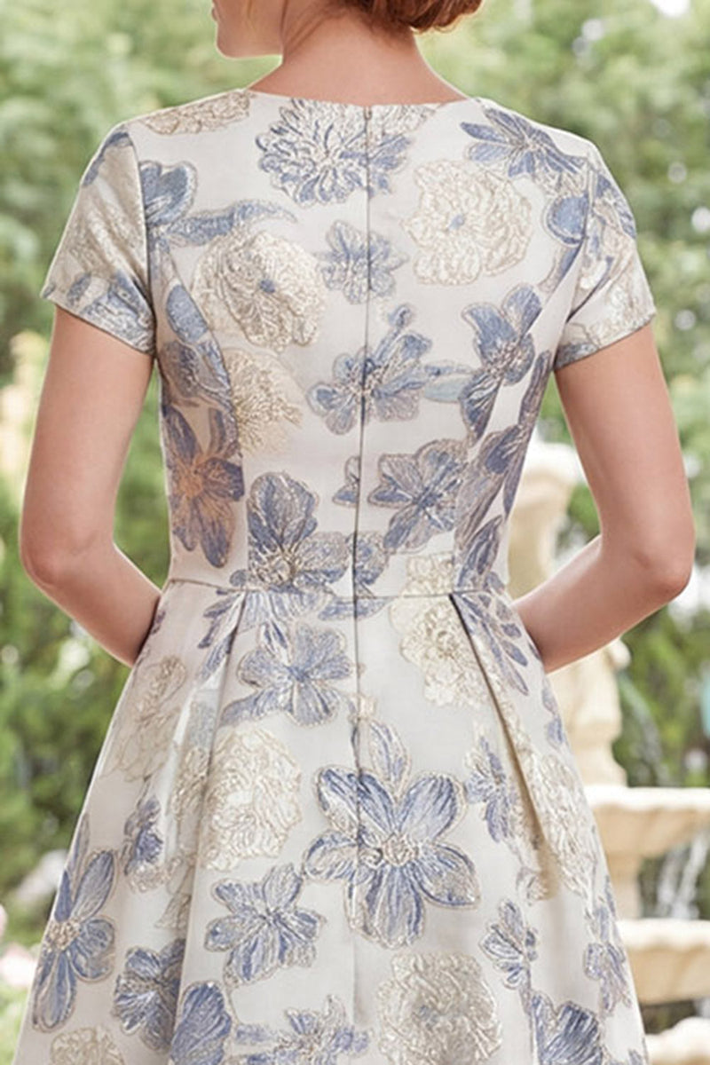 Laden Sie das Bild in den Galerie-Viewer, Staubiges blaues Jacquard-Rundhals-Blümchen, lange Mutter-der-der-Braut-Kleid mit kurzärmeligen