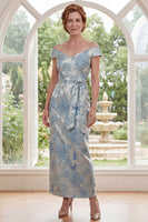 Laden Sie das Bild in den Galerie-Viewer, Blauer Off-the-Shoulder Bodycon Jacquard Floral Long Mother Of the Bride Dress mit Gürtel