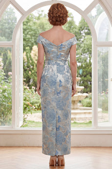 Blauer Off-the-Shoulder Bodycon Jacquard Floral Long Mother Of the Bride Dress mit Gürtel