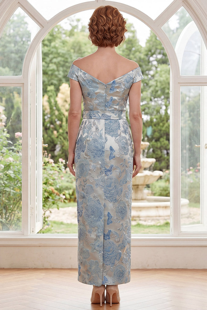 Laden Sie das Bild in den Galerie-Viewer, Blauer Off-the-Shoulder Bodycon Jacquard Floral Long Mother Of the Bride Dress mit Gürtel