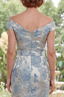 Laden Sie das Bild in den Galerie-Viewer, Blauer Off-the-Shoulder Bodycon Jacquard Floral Long Mother Of the Bride Dress mit Gürtel