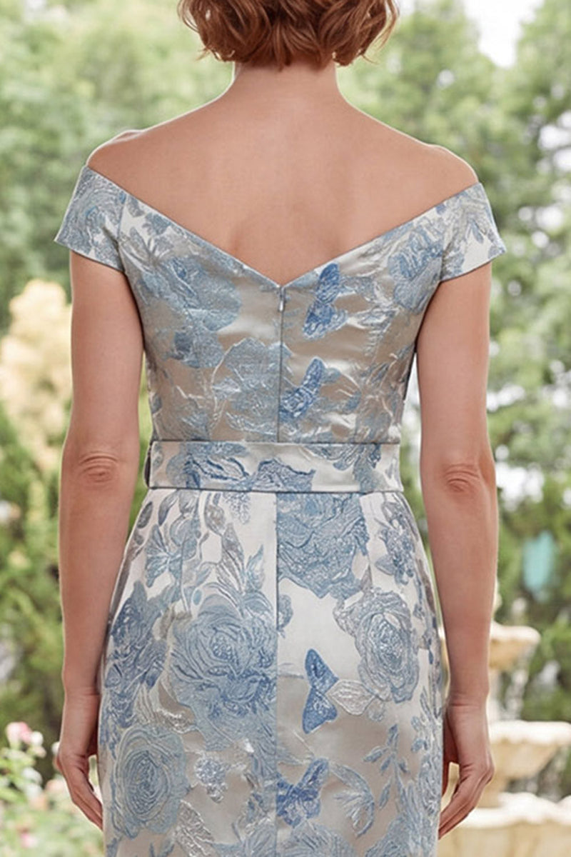 Laden Sie das Bild in den Galerie-Viewer, Blauer Off-the-Shoulder Bodycon Jacquard Floral Long Mother Of the Bride Dress mit Gürtel