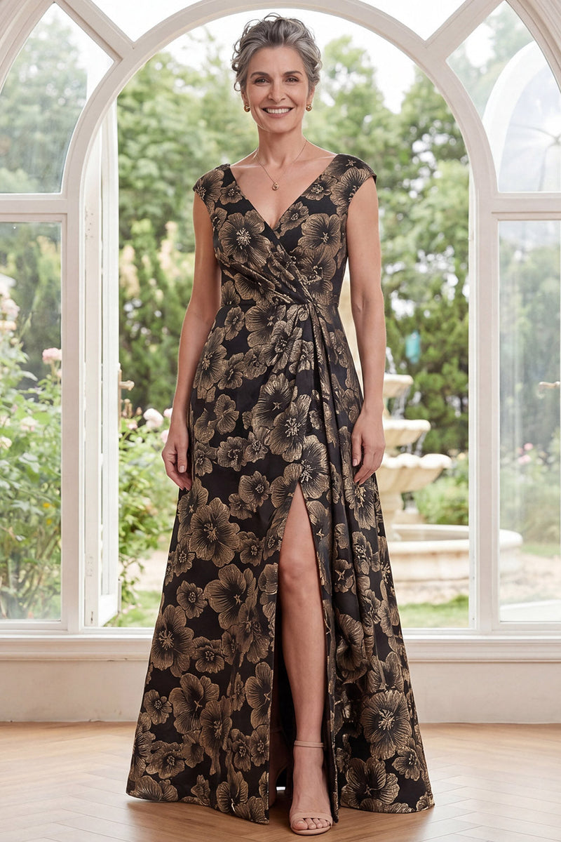 Laden Sie das Bild in den Galerie-Viewer, Jacquard Schwarzes A-Linien V-Ausschnitt mit langer Mutter der Braut Kleid mit Schlitz