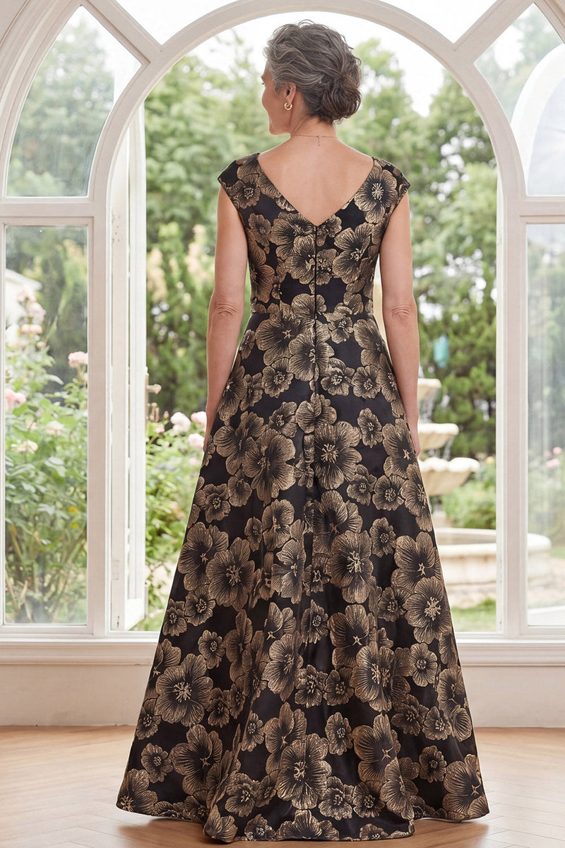 Laden Sie das Bild in den Galerie-Viewer, Jacquard Schwarzes A-Linien V-Ausschnitt mit langer Mutter der Braut Kleid mit Schlitz