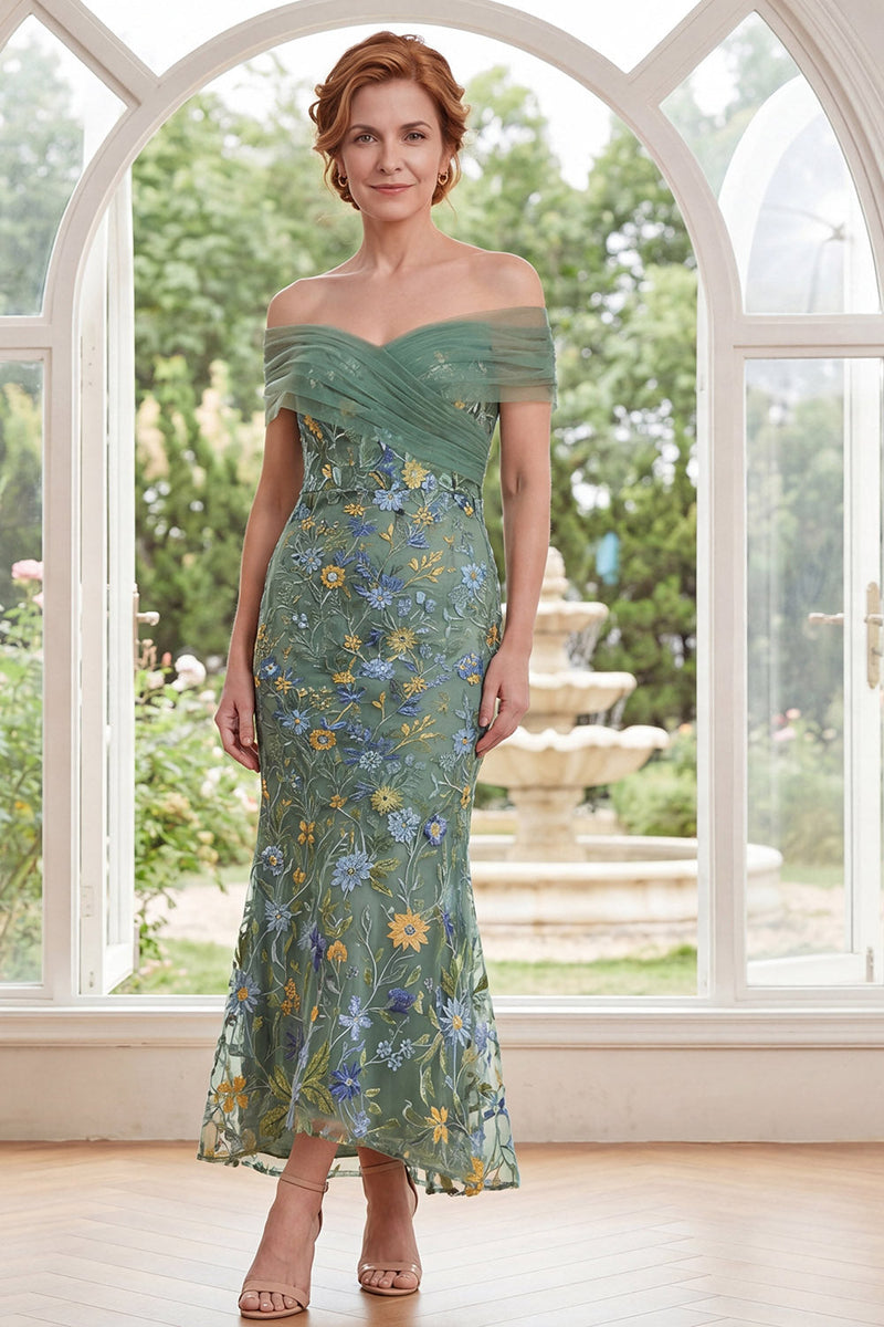 Laden Sie das Bild in den Galerie-Viewer, Meerjungfrauengrün schulterbesticktes, gesticktes langes Mutter-der-Braut-Kleid