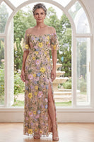 Laden Sie das Bild in den Galerie-Viewer, Champagne Illusion Halsscheide, bestickt mit Blumen und langem Mutter-der-Braut-Kleid mit Schlitz