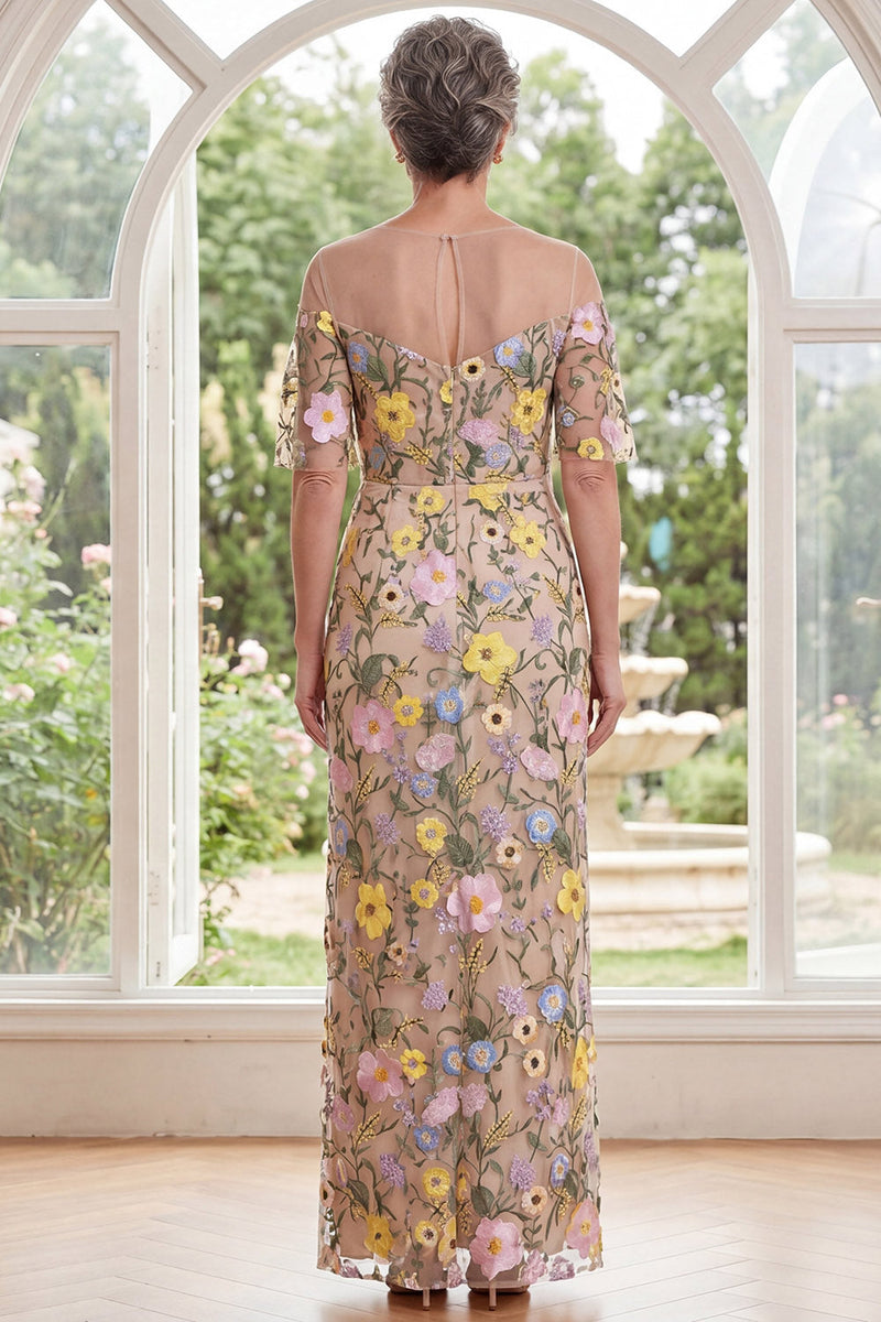Laden Sie das Bild in den Galerie-Viewer, Champagne Illusion Halsscheide, bestickt mit Blumen und langem Mutter-der-Braut-Kleid mit Schlitz