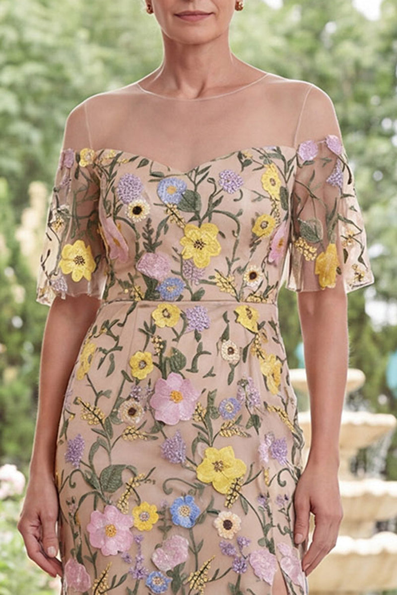 Laden Sie das Bild in den Galerie-Viewer, Champagne Illusion Halsscheide, bestickt mit Blumen und langem Mutter-der-Braut-Kleid mit Schlitz
