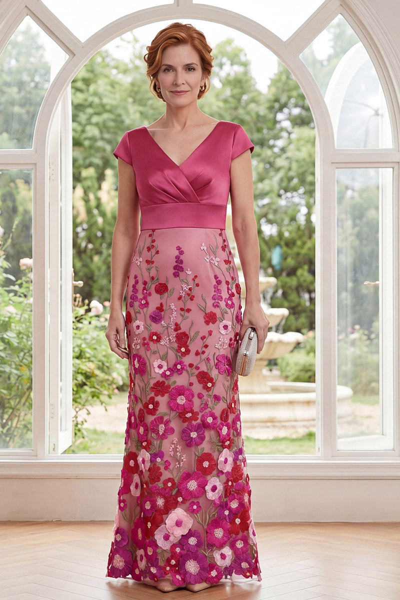 Laden Sie das Bild in den Galerie-Viewer, Fuchsia Meerjungfrauen-Blumen V-Ausschnitt Langes Mutter-der-der-Braut-Kleid mit Mützenärmeln