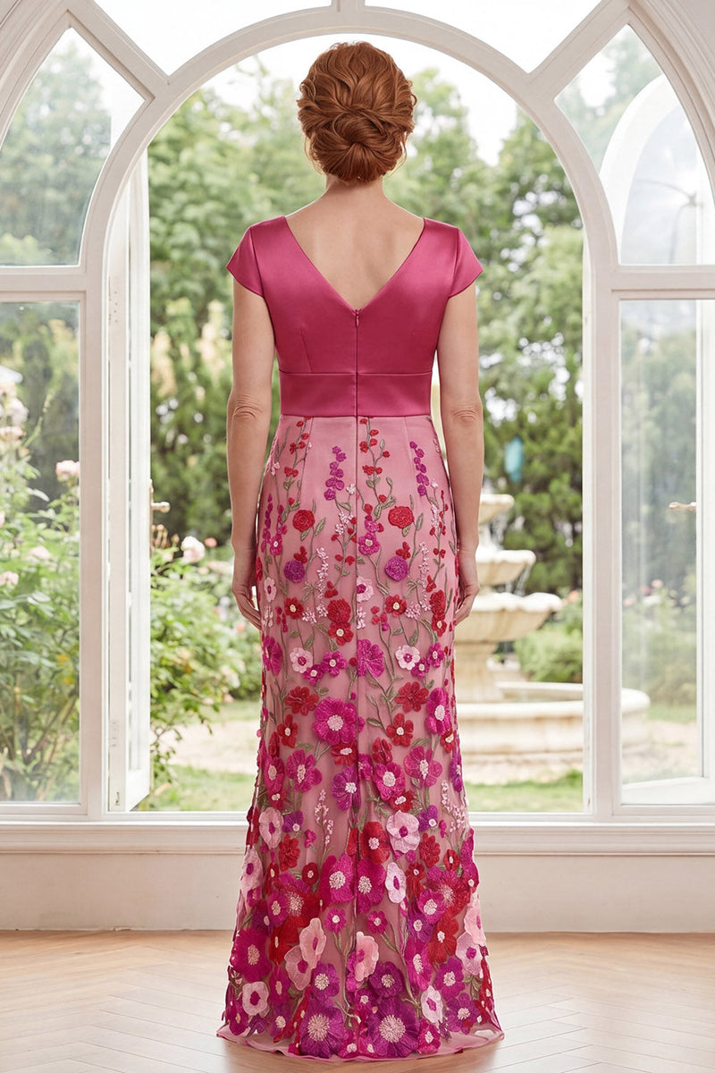 Laden Sie das Bild in den Galerie-Viewer, Fuchsia Meerjungfrauen-Blumen V-Ausschnitt Langes Mutter-der-der-Braut-Kleid mit Mützenärmeln