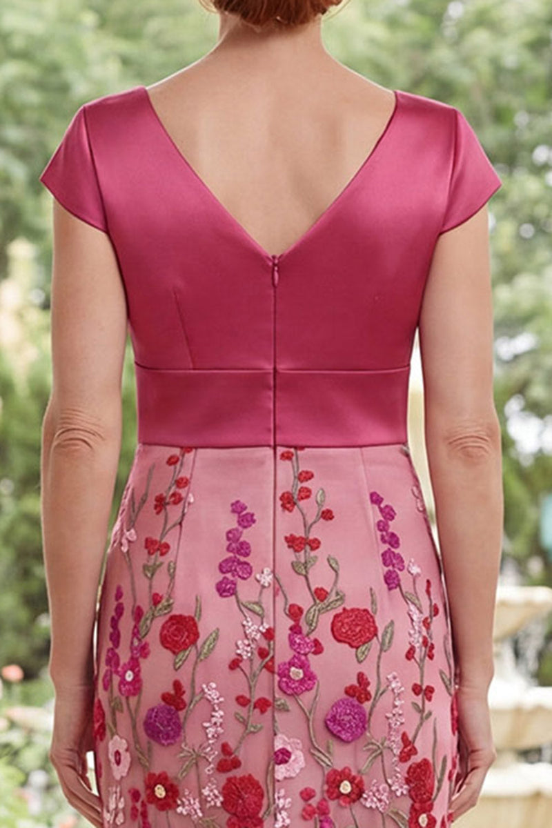 Laden Sie das Bild in den Galerie-Viewer, Fuchsia Meerjungfrauen-Blumen V-Ausschnitt Langes Mutter-der-der-Braut-Kleid mit Mützenärmeln