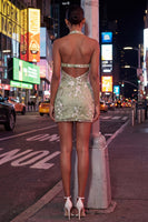 Laden Sie das Bild in den Galerie-Viewer, Salbeigrüner Neckholderhals, transparentes Korsett, Bodycon besticktes Homecoming-Kleid